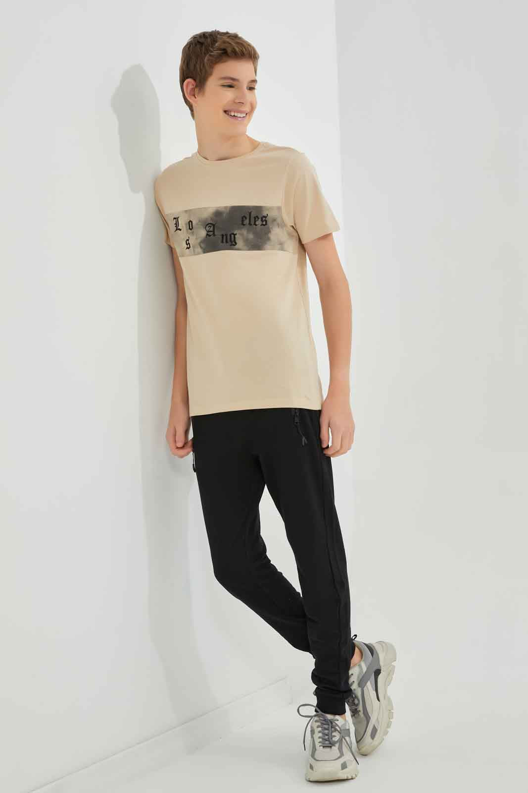 Redtag-Boys-Beige-La-Flock-Print-Tee-BSR-T-Shirts,-Category:T-Shirts,-Colour:Beige,-Deals:New-In,-Dept:Boys,-Filter:Senior-Boys-(8-to-14-Yrs),-New-In-BSR-APL,-Non-Sale,-Section:Boys-(0-to-14Yrs),-W22B-Senior-Boys-9 to 14 Years