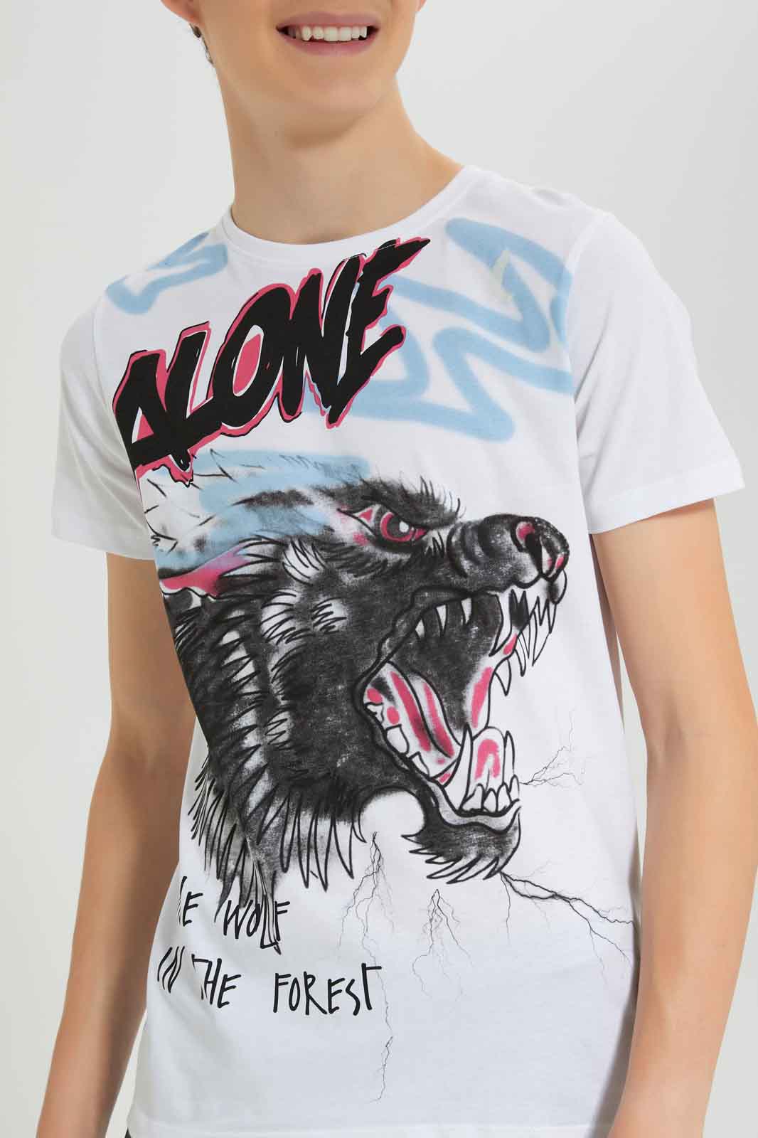 Redtag-Boys-White-Alone-Wolf-Tee-BSR-T-Shirts,-BTS,-Category:T-Shirts,-Colour:White,-Deals:New-In,-Dept:Boys,-Filter:Senior-Boys-(8-to-14-Yrs),-New-In-BSR-APL,-Non-Sale,-Section:Boys-(0-to-14Yrs),-W22B-Senior-Boys-9 to 14 Years
