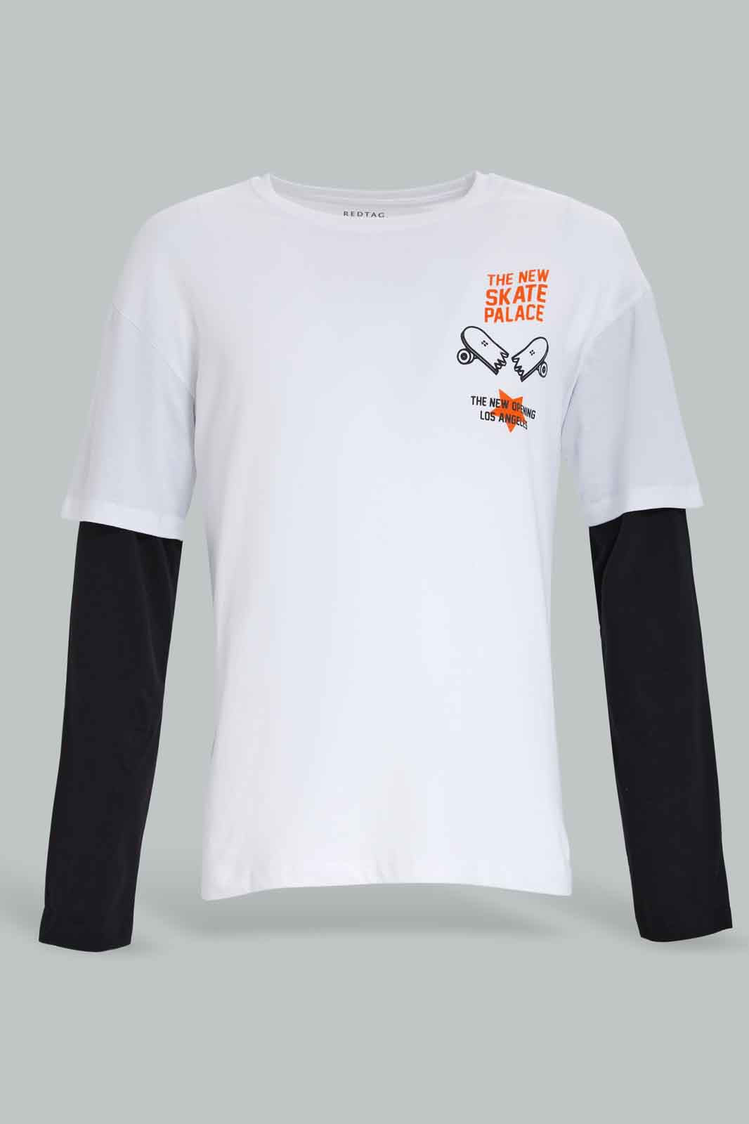 Redtag-Boys-White-Skate-Peepout-Sleeve-Tee-BSR-T-Shirts,-BTS,-Category:T-Shirts,-Colour:White,-Deals:New-In,-Dept:Boys,-Filter:Senior-Boys-(8-to-14-Yrs),-New-In-BSR-APL,-Non-Sale,-Section:Boys-(0-to-14Yrs),-W22B-Senior-Boys-9 to 14 Years