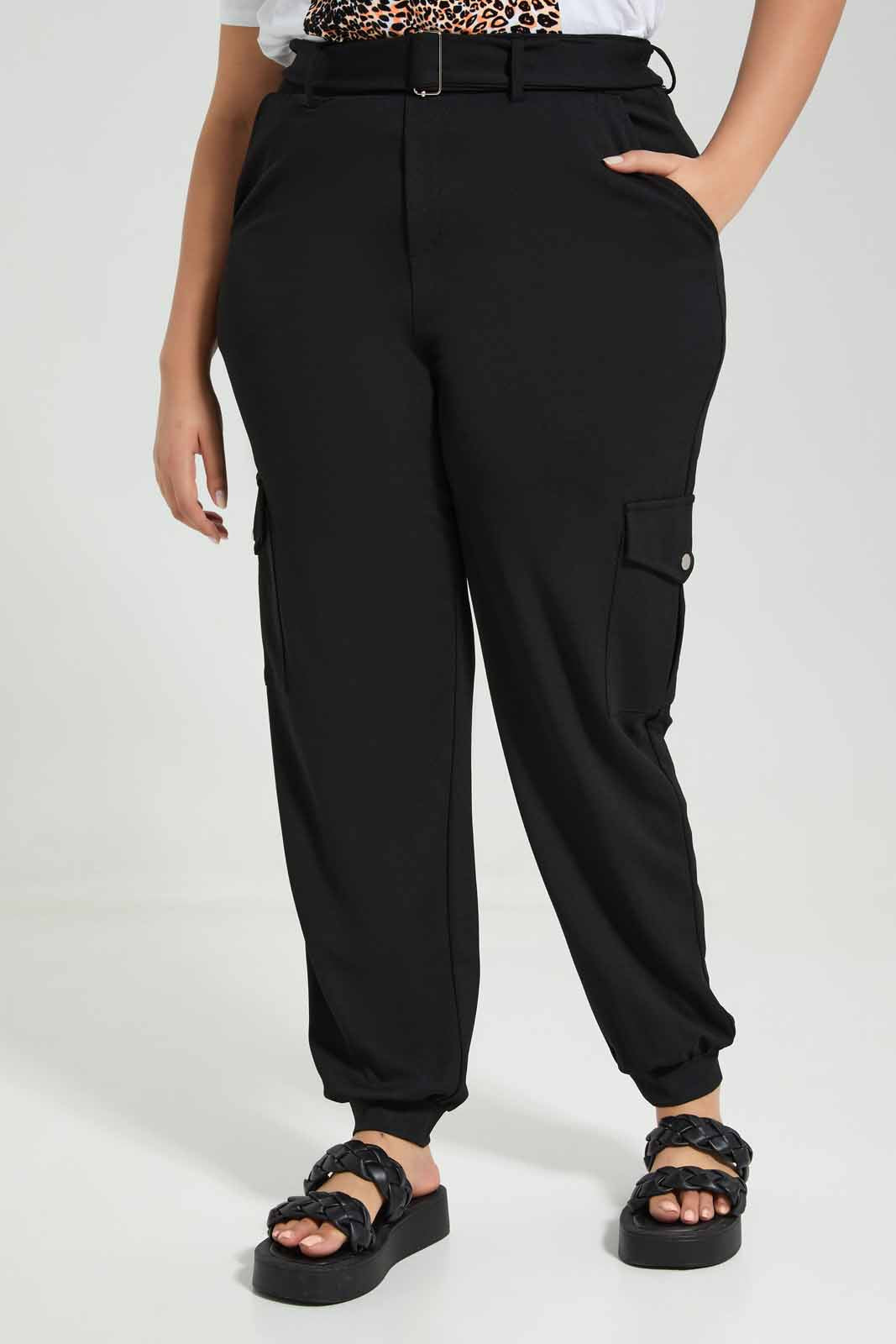 Redtag-Women-Belted-Trouser-With-Cargo-Pockets-Category:Trousers,-Colour:Black,-Deals:New-In,-Filter:Plus-Size,-LDP-Trousers,-New-In-LDP-APL,-Non-Sale,-Section:Women,-W22A-Women's-
