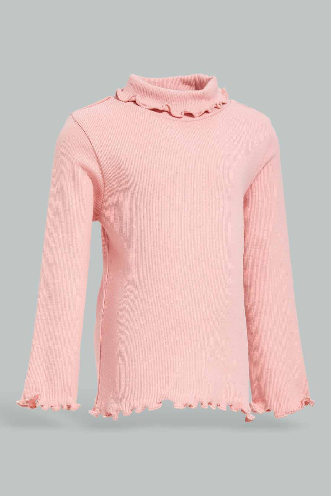 Redtag-Girls-Dusty-Pink-Solid-Rib-Hi-Neck-T-Shirt-Category:T-Shirts,-Colour:Apricot,-Deals:New-In,-Filter:Infant-Girls-(3-to-24-Mths),-ING-T-Shirts,-New-In-ING-APL,-Non-Sale,-Section:Girls-(0-to-14Yrs),-TBL,-W22B-Infant-Girls-