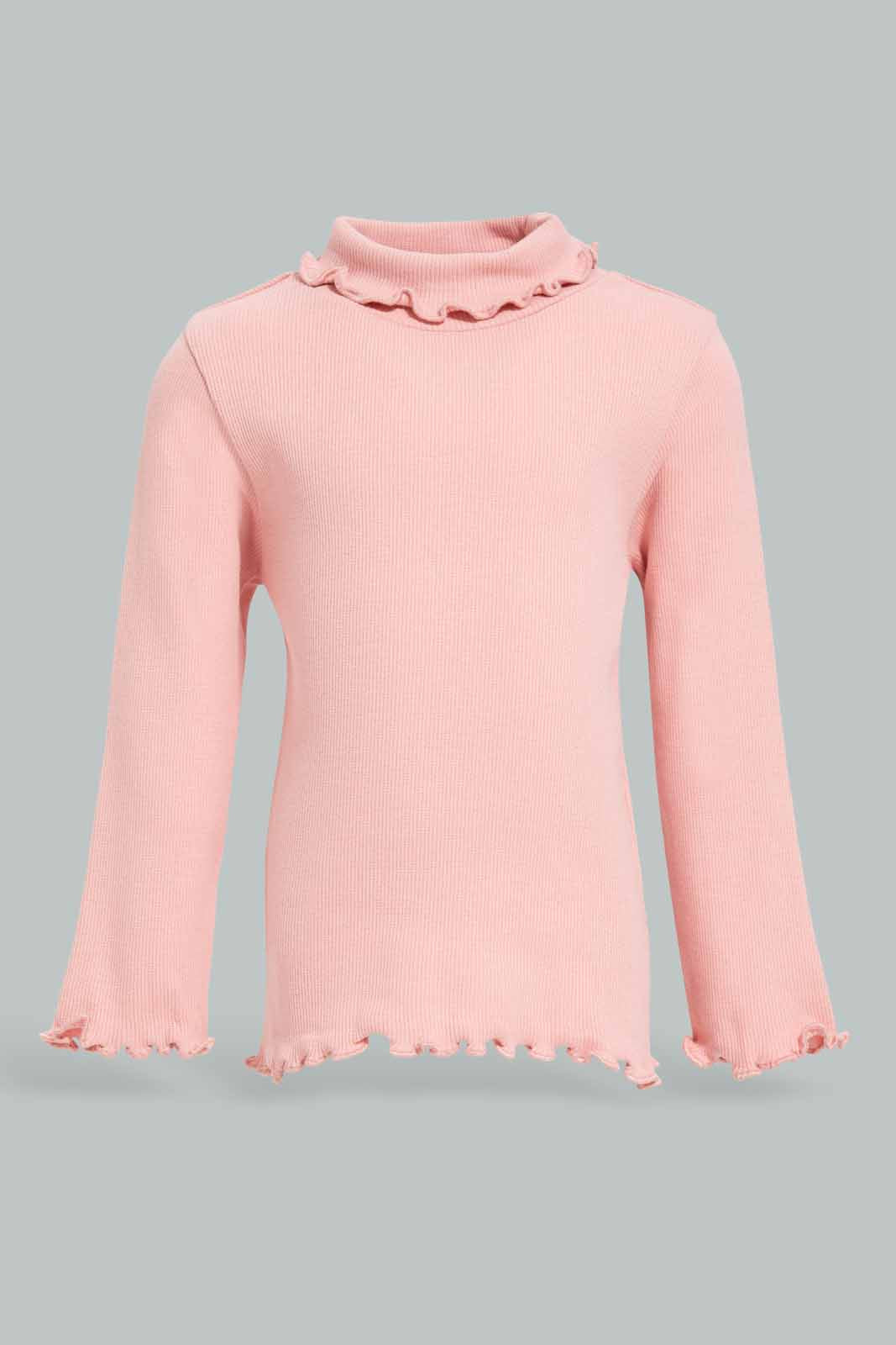 Redtag-Girls-Dusty-Pink-Solid-Rib-Hi-Neck-T-Shirt-Category:T-Shirts,-Colour:Apricot,-Deals:New-In,-Filter:Infant-Girls-(3-to-24-Mths),-ING-T-Shirts,-New-In-ING-APL,-Non-Sale,-Section:Girls-(0-to-14Yrs),-TBL,-W22B-Infant-Girls-