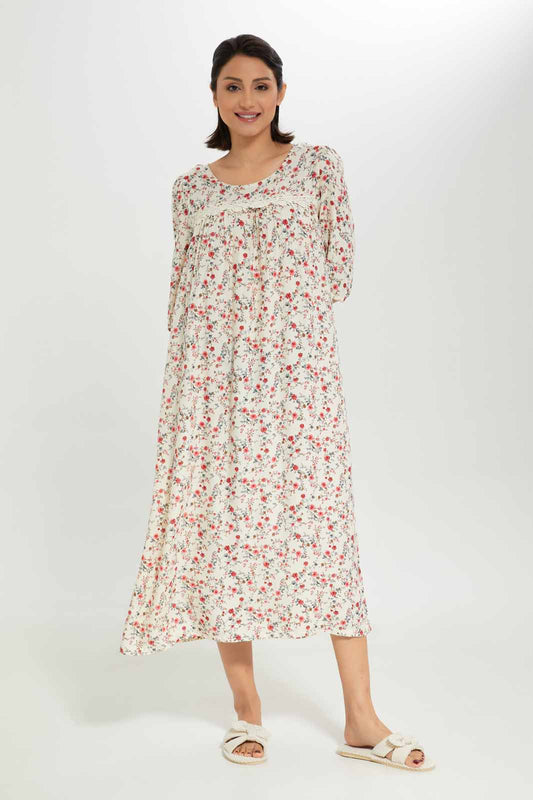 Redtag-Women-Beige-Aop-Longsleeves-Nightgown-Category:Nightgowns,-Colour:Assorted,-Deals:New-In,-Dept:Ladieswear,-Filter:Women's-Clothing,-New-In-Women-APL,-Non-Sale,-Section:Women,-W22B,-Women-Nightgowns--