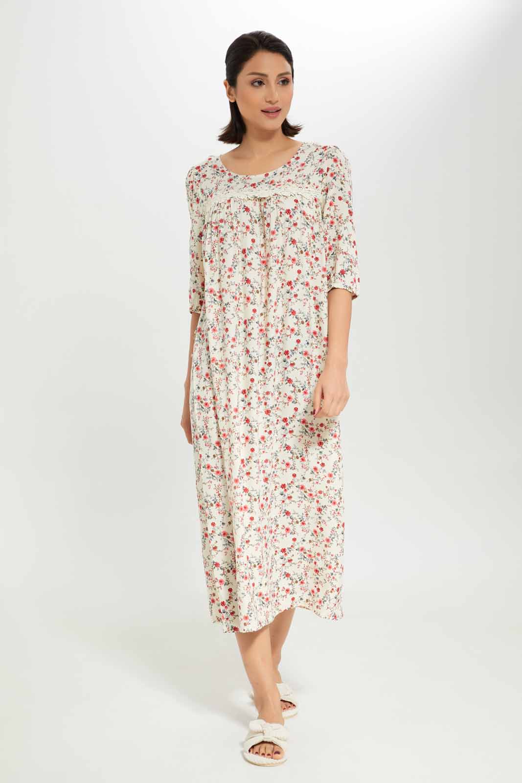 Redtag-Women-Beige-Aop-Longsleeves-Nightgown-Category:Nightgowns,-Colour:Assorted,-Deals:New-In,-Dept:Ladieswear,-Filter:Women's-Clothing,-New-In-Women-APL,-Non-Sale,-Section:Women,-W22B,-Women-Nightgowns--