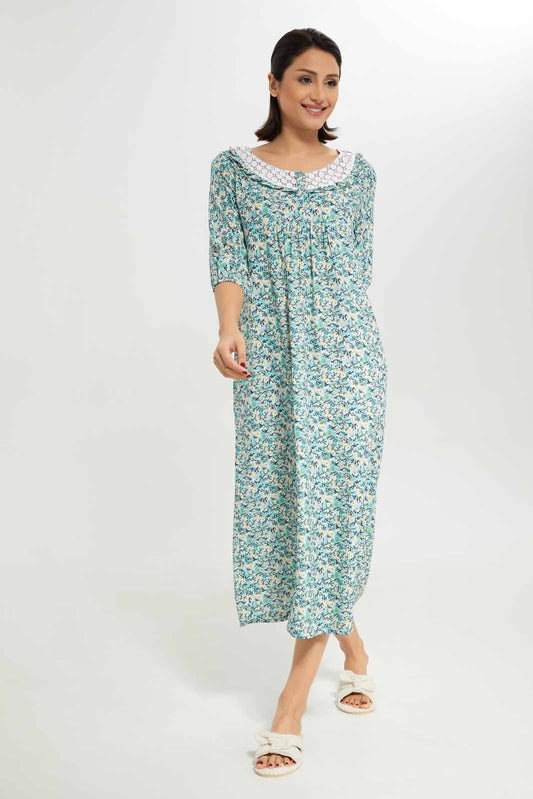 Redtag-Women-Blue-Aop-Longsleeves-Nightgown-Category:Nightgowns,-Colour:Assorted,-Deals:New-In,-Dept:Ladieswear,-Filter:Women's-Clothing,-New-In-Women-APL,-Non-Sale,-Section:Women,-W22B,-Women-Nightgowns--