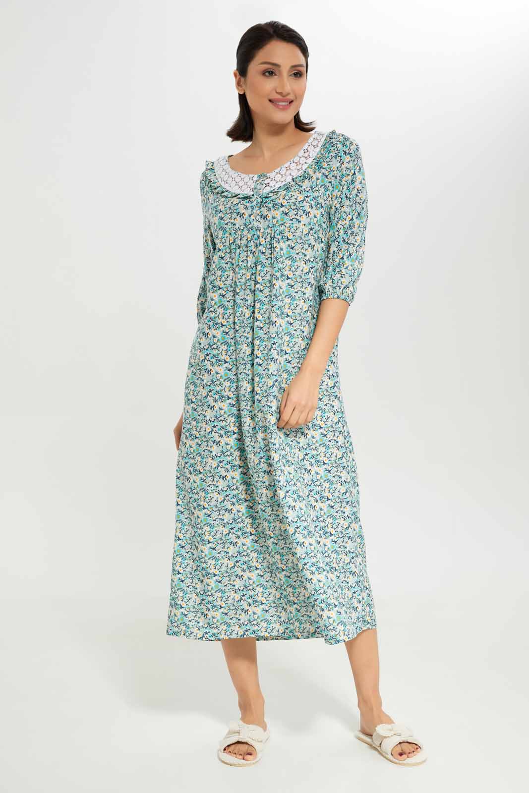 Redtag-Women-Blue-Aop-Longsleeves-Nightgown-Category:Nightgowns,-Colour:Assorted,-Deals:New-In,-Dept:Ladieswear,-Filter:Women's-Clothing,-New-In-Women-APL,-Non-Sale,-Section:Women,-W22B,-Women-Nightgowns--