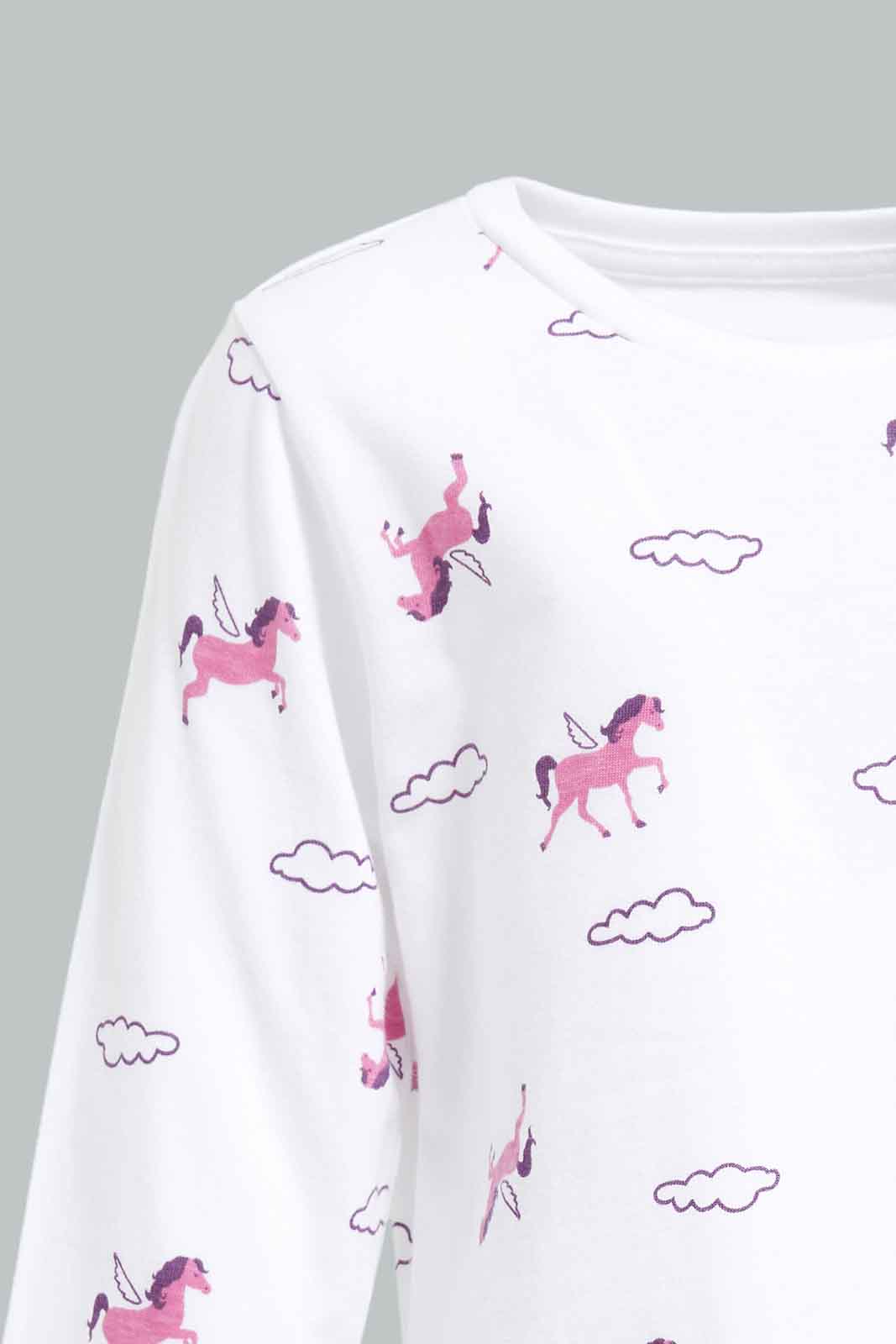 Redtag-Girls-White-Horse-Aop-Pyjama-Set-Category:Pyjama-Sets,-Colour:White,-Deals:New-In,-Filter:Infant-Girls-(3-to-24-Mths),-ING-Pyjama-Sets,-New-In-ING-APL,-Non-Sale,-Section:Girls-(0-to-14Yrs),-W22A-Infant-Girls-3 to 24 Months