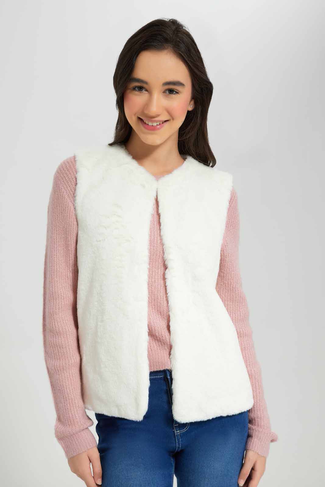 Redtag-Girls-Cream-Fur-Gilet-Category:Jackets,-Colour:White,-Deals:New-In,-Filter:Senior-Girls-(8-to-14-Yrs),-GSR-Jackets,-New-In-GSR-APL,-Non-Sale,-Section:Girls-(0-to-14Yrs),-W22B-Senior-Girls-9 to 14 Years
