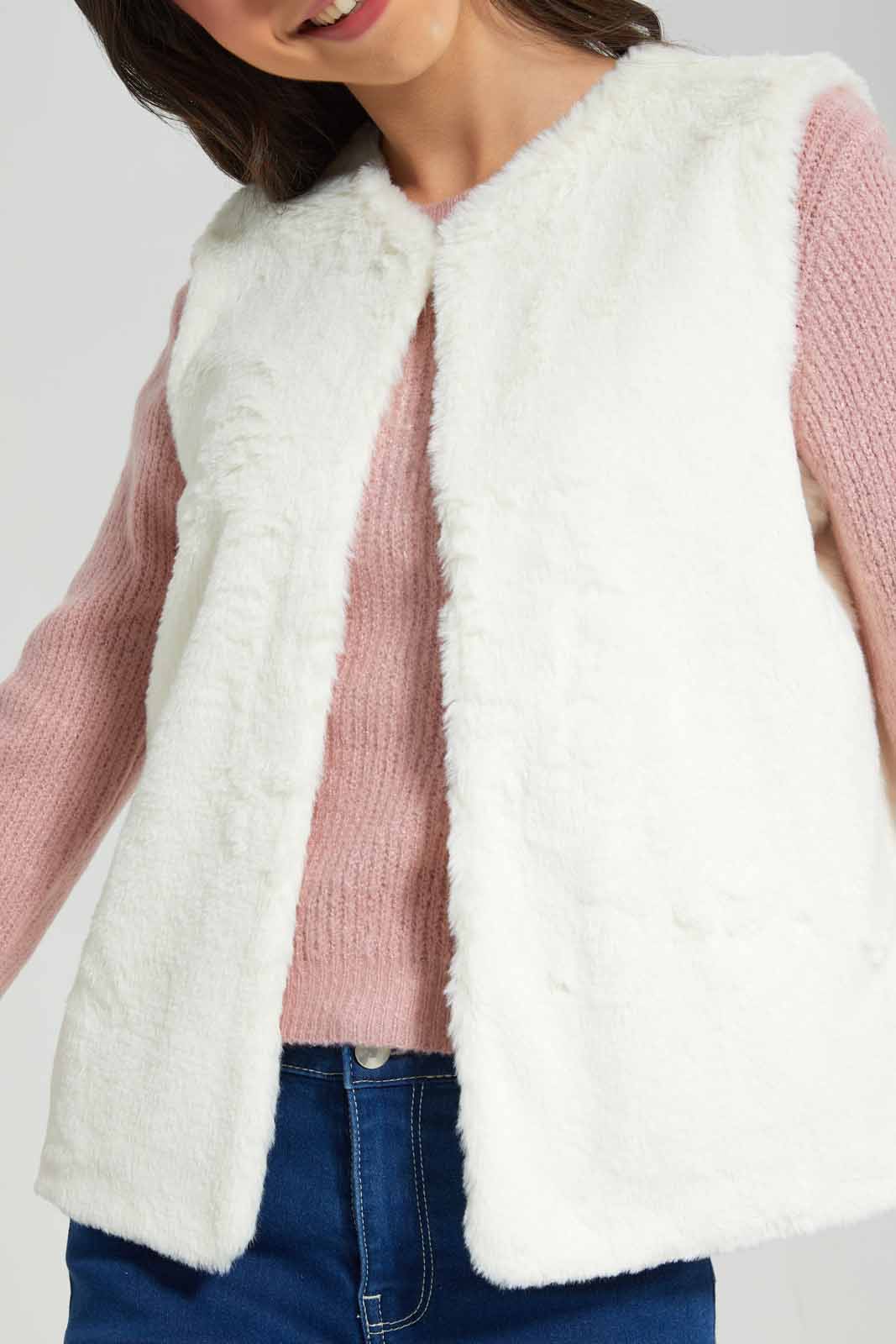 Redtag-Girls-Cream-Fur-Gilet-Category:Jackets,-Colour:White,-Deals:New-In,-Filter:Senior-Girls-(8-to-14-Yrs),-GSR-Jackets,-New-In-GSR-APL,-Non-Sale,-Section:Girls-(0-to-14Yrs),-W22B-Senior-Girls-9 to 14 Years