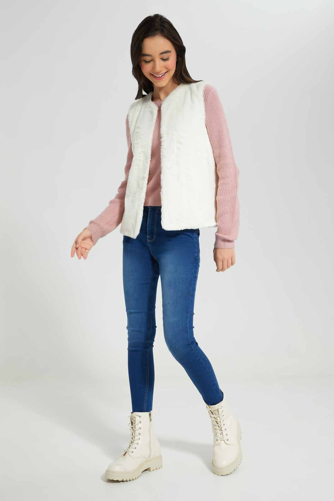 Redtag-Girls-Cream-Fur-Gilet-Category:Jackets,-Colour:White,-Deals:New-In,-Filter:Senior-Girls-(8-to-14-Yrs),-GSR-Jackets,-New-In-GSR-APL,-Non-Sale,-Section:Girls-(0-to-14Yrs),-W22B-Senior-Girls-9 to 14 Years