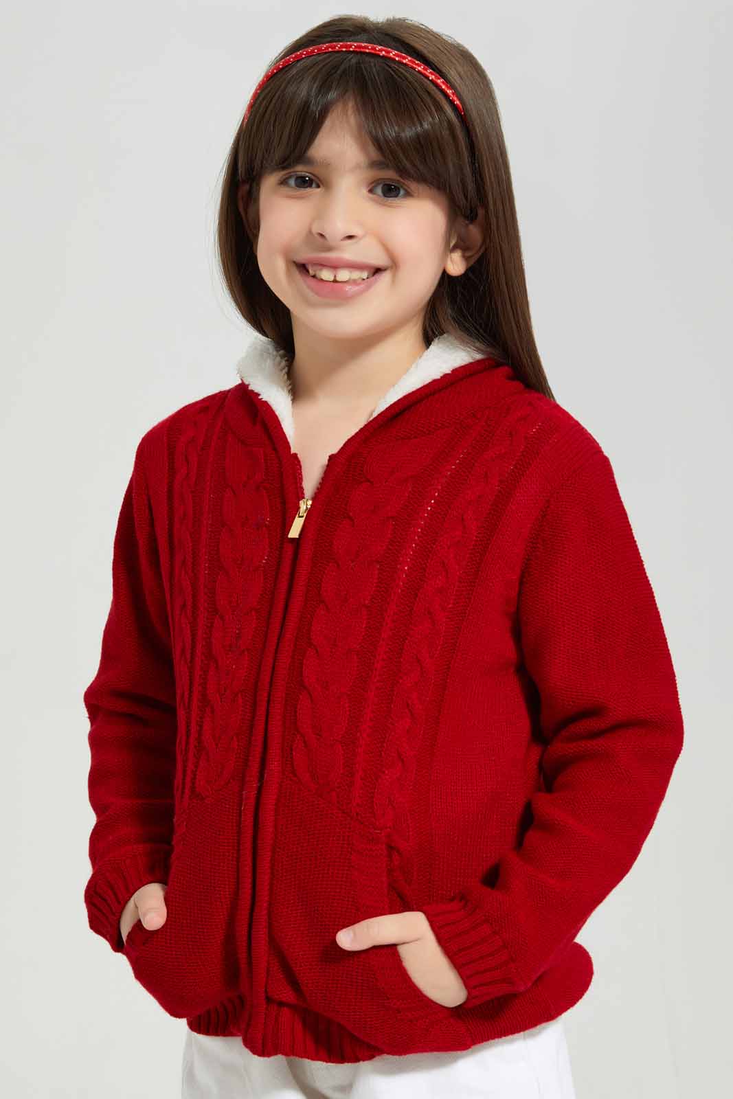 Girls Red Knitted Hooded Cardigan