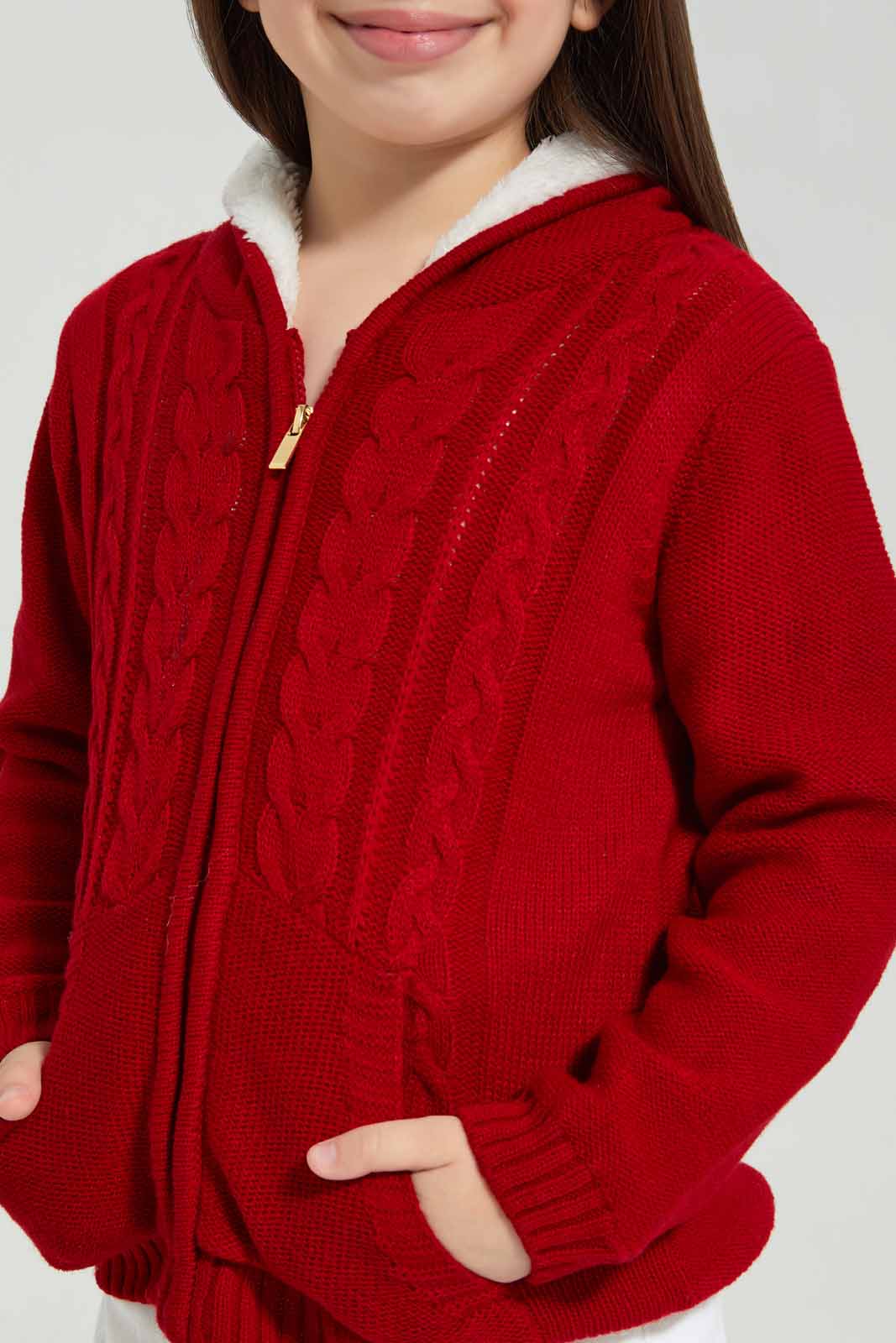 Girls Red Knitted Hooded Cardigan