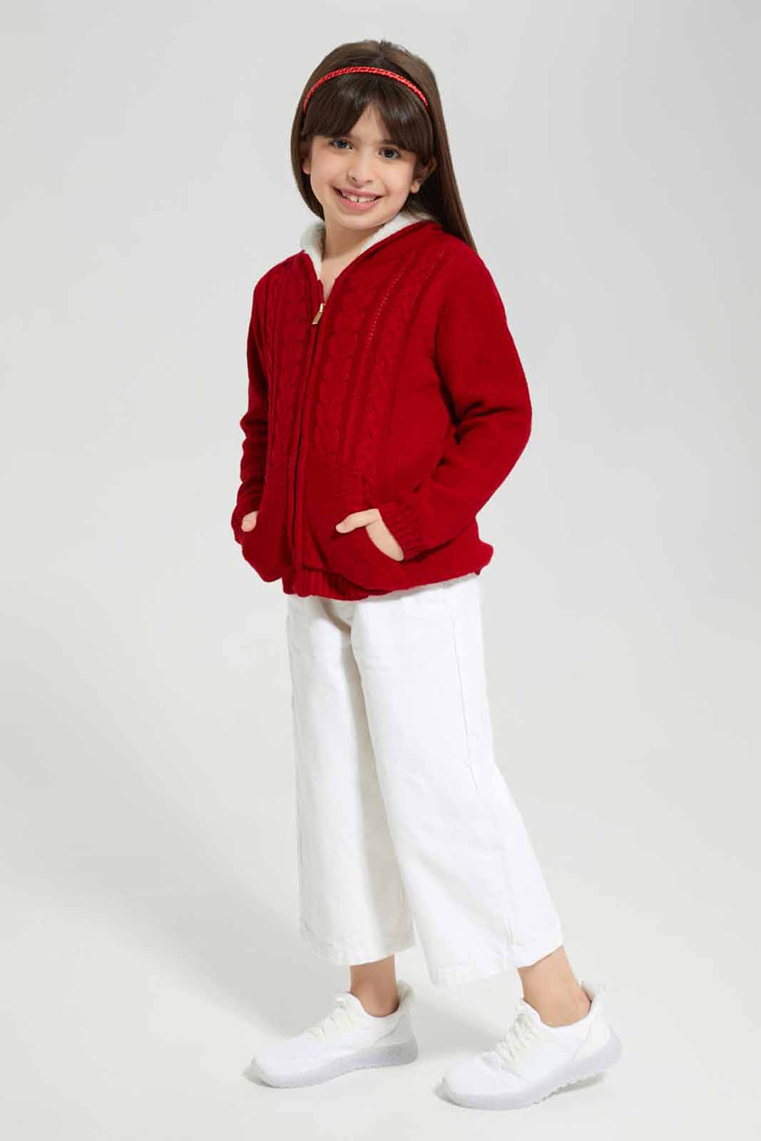 Girls Red Knitted Hooded Cardigan
