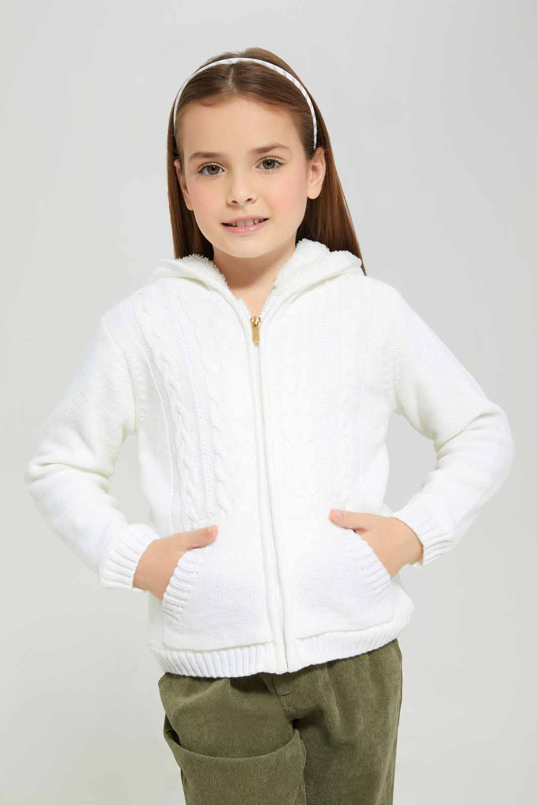 Redtag-Girls-Cream-Long-Sleeve-Cardigans-With-Hood-Category:Cardigans,-Colour:Cream,-Deals:New-In,-EHW,-Filter:Girls-(2-to-8-Yrs),-GIR-Cardigans,-New-In-GIR-APL,-Non-Sale,-Section:Girls-(0-to-14Yrs),-W22B-Girls-2 to 8 Years