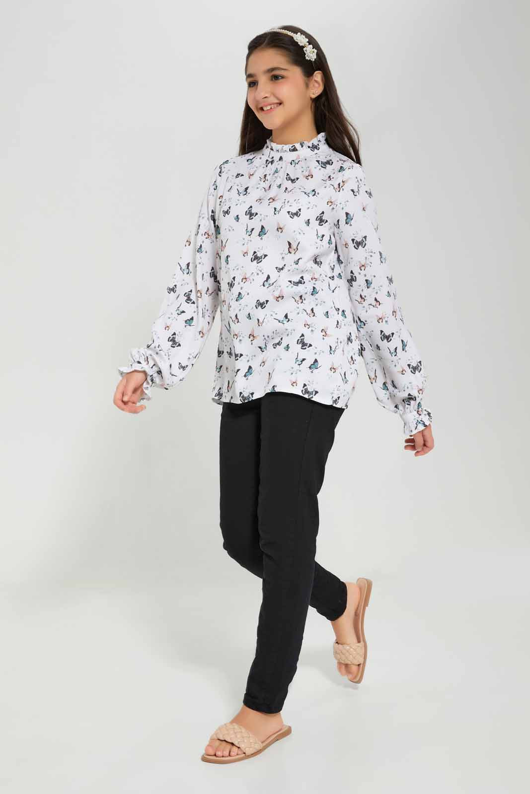 Redtag-Girls-White-Butterfly-Ruffled-Front-Ditsy-Print-Blouse-Category:Blouses,-Colour:Assorted,-Deals:New-In,-Filter:Senior-Girls-(8-to-14-Yrs),-GSR-Blouses,-New-In-GSR-APL,-Non-Sale,-Section:Girls-(0-to-14Yrs),-W22B-Senior-Girls-9 to 14 Years