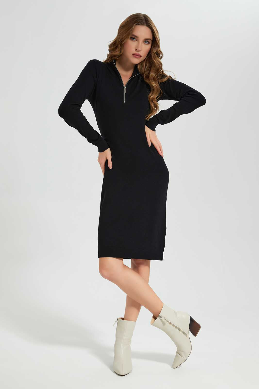 Redtag-Women-Black-Zip-Front-Dress-Category:Dresses,-Colour:Black,-Deals:New-In,-Dept:Ladieswear,-Filter:Women's-Clothing,-LEC,-LEC-Dresses,-New-In-LEC-APL,-Non-Sale,-Section:Women,-W22B-Women's-