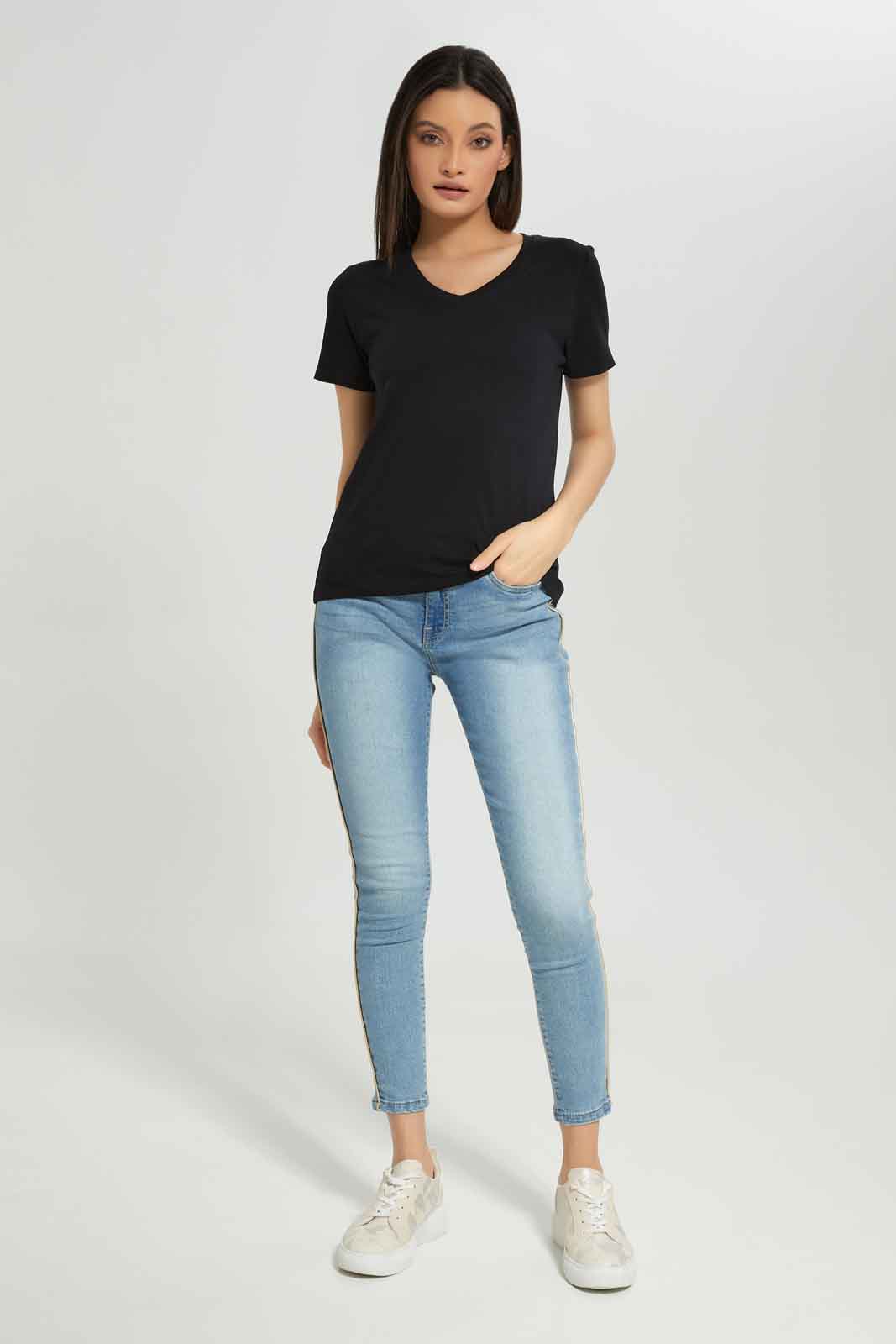 Redtag-Women-Black-Short-Sleeve-V-Neck-T-Shirt-Category:T-Shirts,-Colour:Black,-Deals:New-In,-Dept:Ladieswear,-Filter:Women's-Clothing,-New-In-Women-APL,-Non-Sale,-Section:Women,-TBL,-W22B,-Women-T-Shirts-Women's-