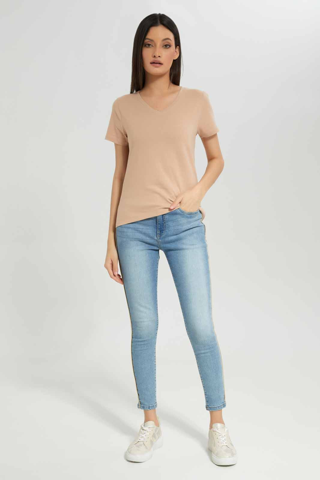 Women Beige V-Neck Basic T-Shirt