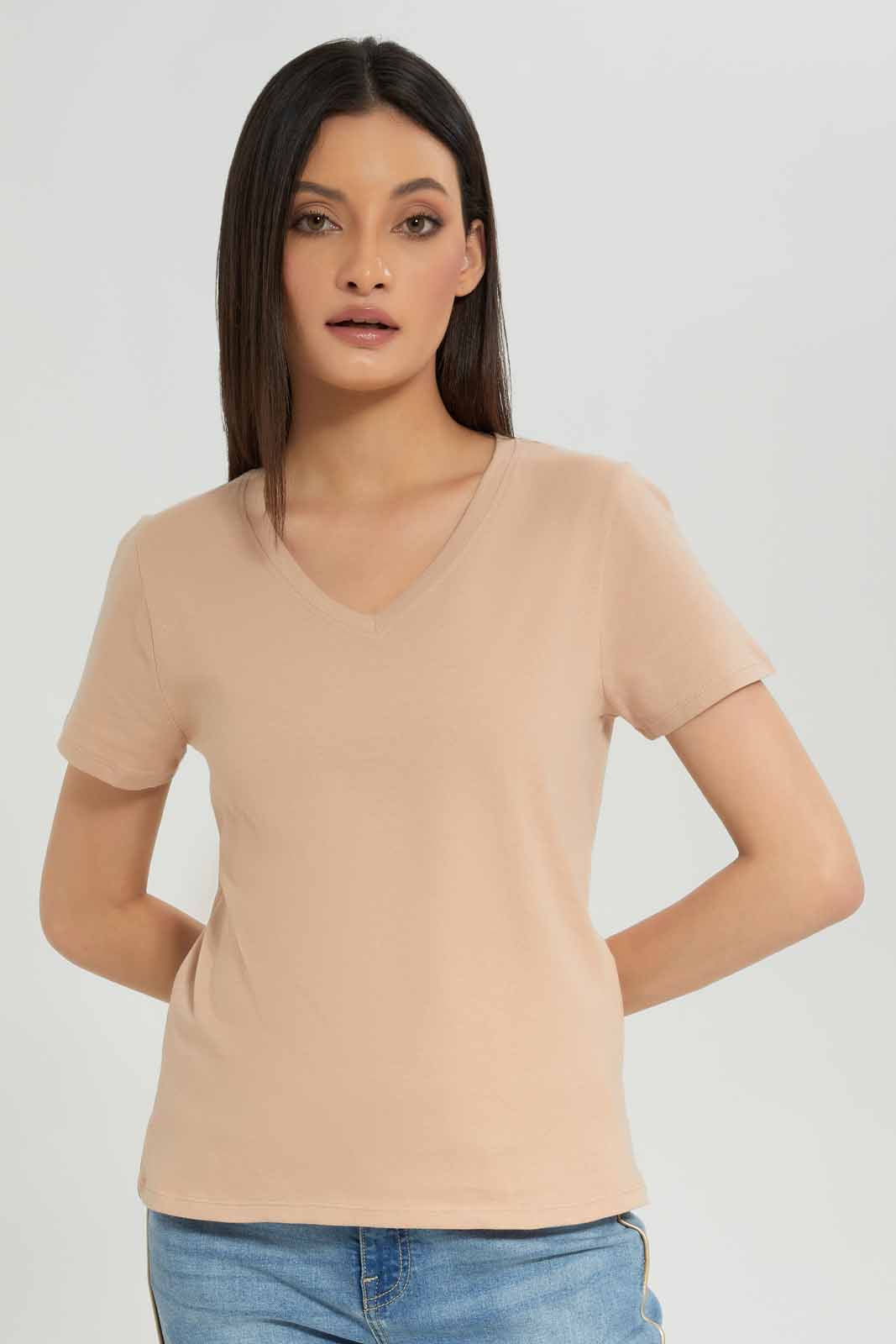 Women Beige V-Neck Basic T-Shirt