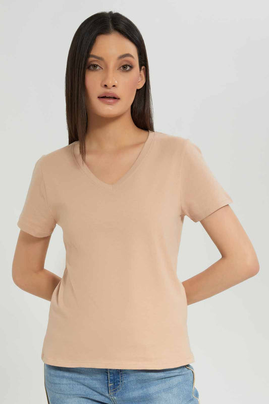 Women Beige V-Neck Basic T-Shirt
