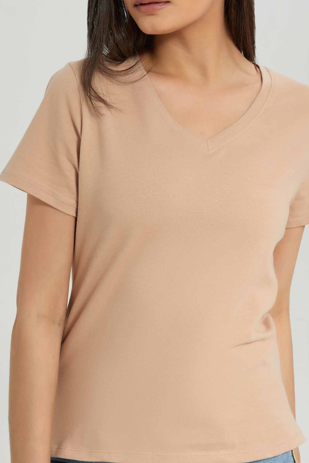 Women Beige V-Neck Basic T-Shirt
