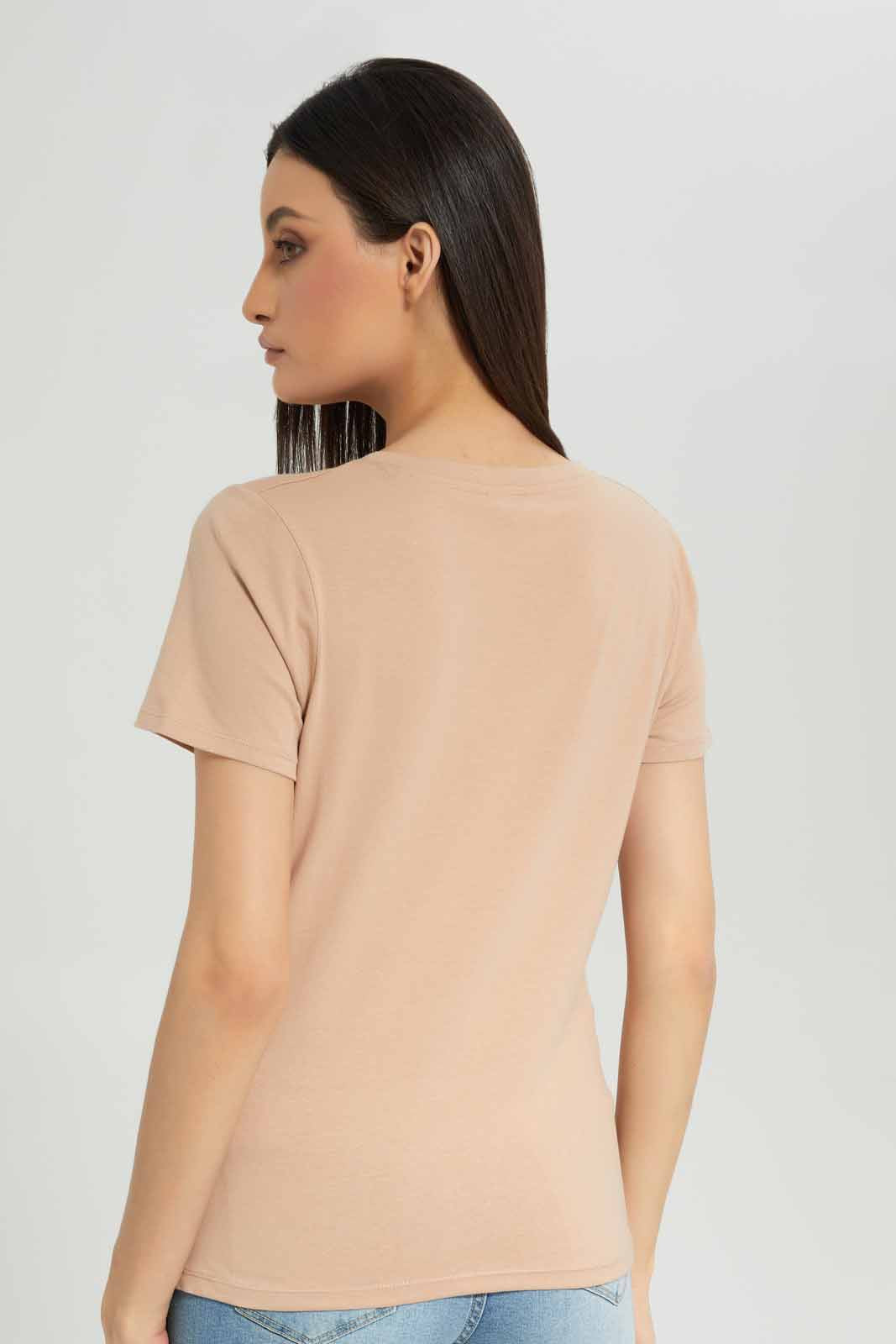 Women Beige V-Neck Basic T-Shirt