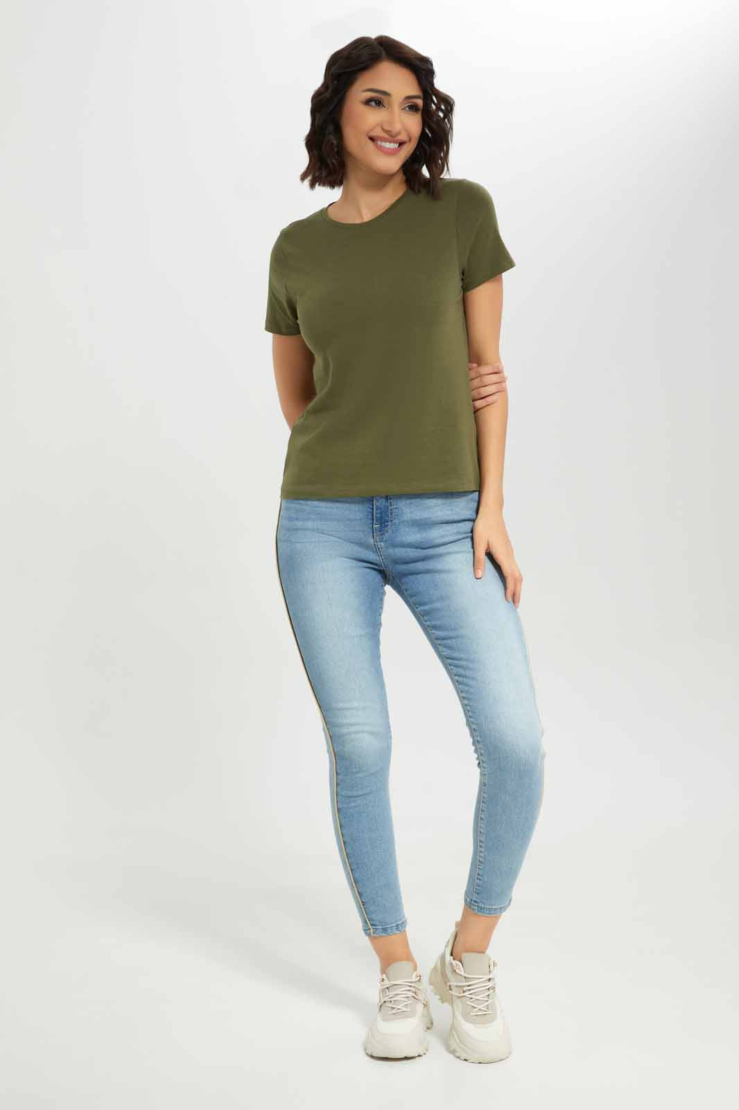 Redtag-Women-Olive-Short-Sleeve-Crew-Neck-T-Shirt-Category:T-Shirts,-Colour:Olive,-Deals:New-In,-Dept:Ladieswear,-Filter:Women's-Clothing,-New-In-Women-APL,-Non-Sale,-Section:Women,-TBL,-W22B,-Women-T-Shirts-Women's-