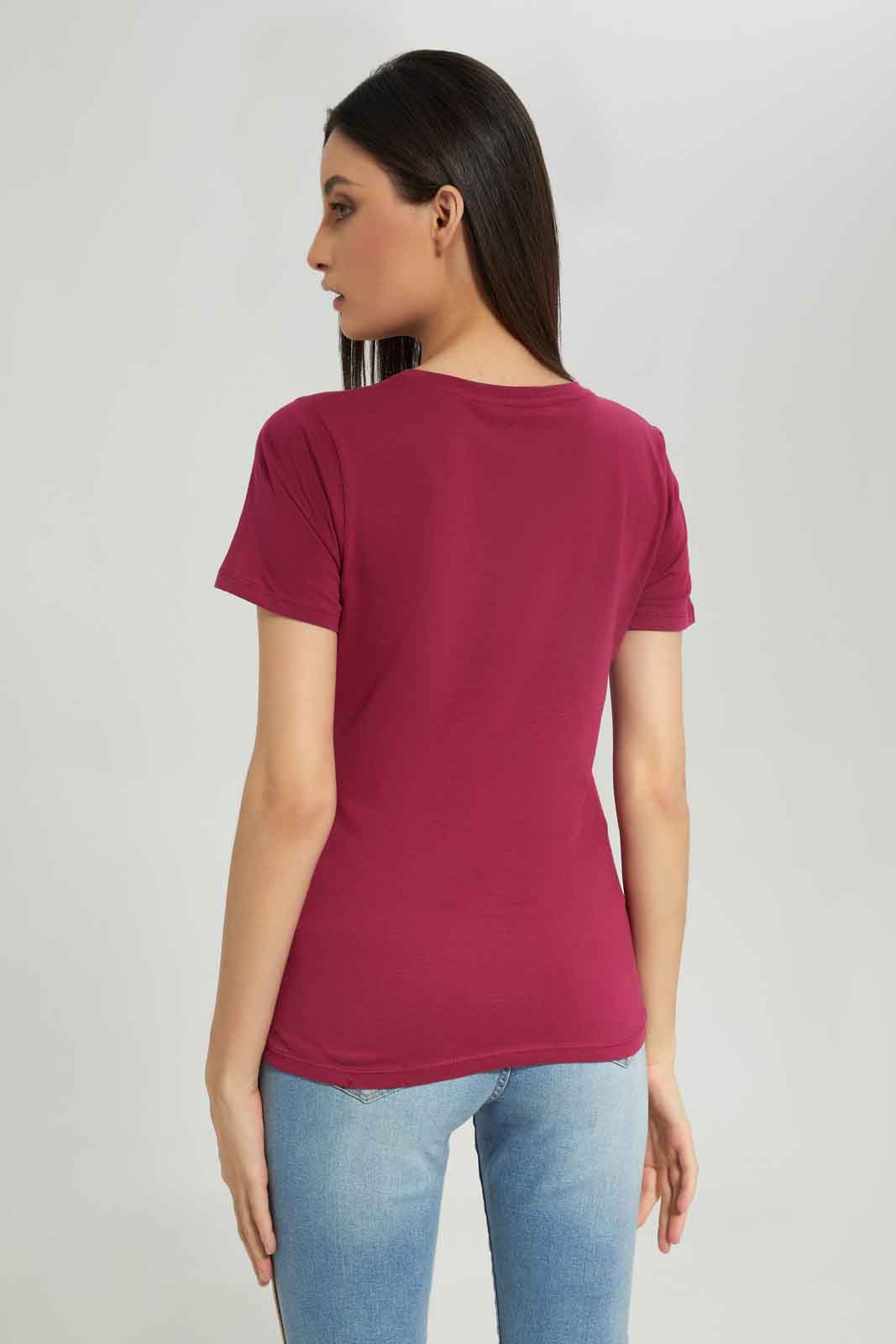 Redtag-Women-Burgundy-Short-Sleeve-Crew-Neck-T-Shirt-Category:T-Shirts,-Colour:Burgundy,-Deals:New-In,-Dept:Ladieswear,-Filter:Women's-Clothing,-New-In-Women-APL,-Non-Sale,-Section:Women,-TBL,-W22B,-Women-T-Shirts-Women's-
