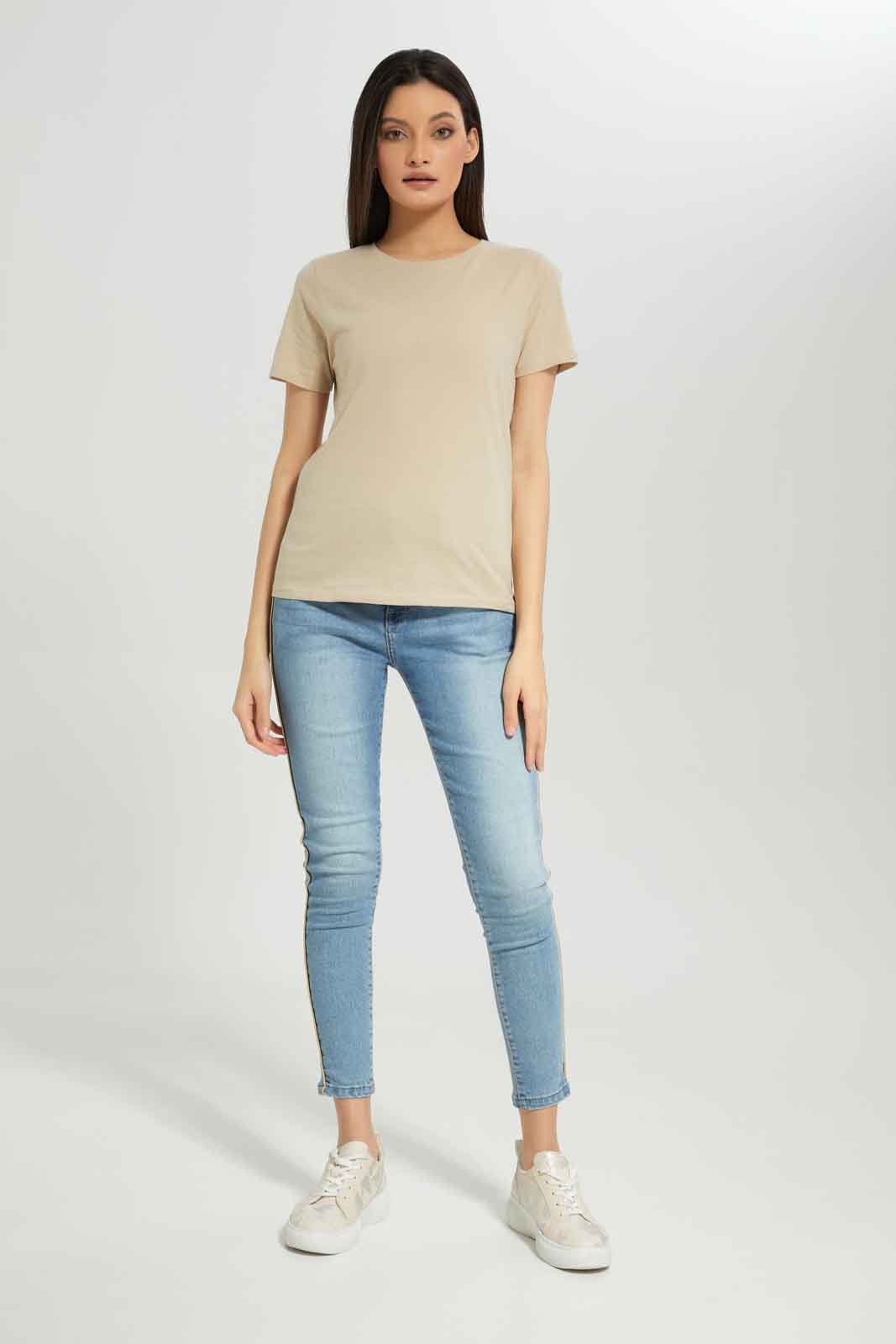 Redtag-Women-Stone-Short-Sleeve-Crew-Neck-T-Shirt-Category:T-Shirts,-Colour:Beige,-Deals:New-In,-Dept:Ladieswear,-Filter:Women's-Clothing,-New-In-Women-APL,-Non-Sale,-Section:Women,-TBL,-W22B,-Women-T-Shirts-Women's-