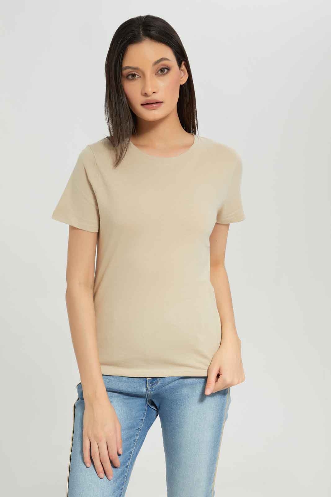 Redtag-Women-Stone-Short-Sleeve-Crew-Neck-T-Shirt-Category:T-Shirts,-Colour:Beige,-Deals:New-In,-Dept:Ladieswear,-Filter:Women's-Clothing,-New-In-Women-APL,-Non-Sale,-Section:Women,-TBL,-W22B,-Women-T-Shirts-Women's-