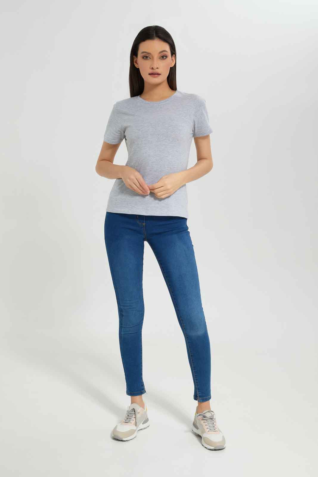 Redtag-Women-Grey-Melange-Short-Sleeve-Crew-Neck-T-Shirt-Category:T-Shirts,-Colour:Grey,-Deals:New-In,-Dept:Ladieswear,-Filter:Women's-Clothing,-New-In-Women-APL,-Non-Sale,-Section:Women,-TBL,-W22B,-Women-T-Shirts-Women's-