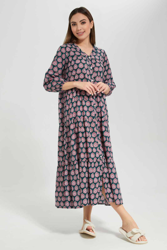 Redtag-Women-Dark-Green-Aop-Long-Sleeves-Nightgown-Category:Nightgowns,-Colour:Olive,-Deals:New-In,-Filter:Women's-Clothing,-New-In-Women-APL,-Non-Sale,-Section:Women,-W22B,-Women-Nightgowns--