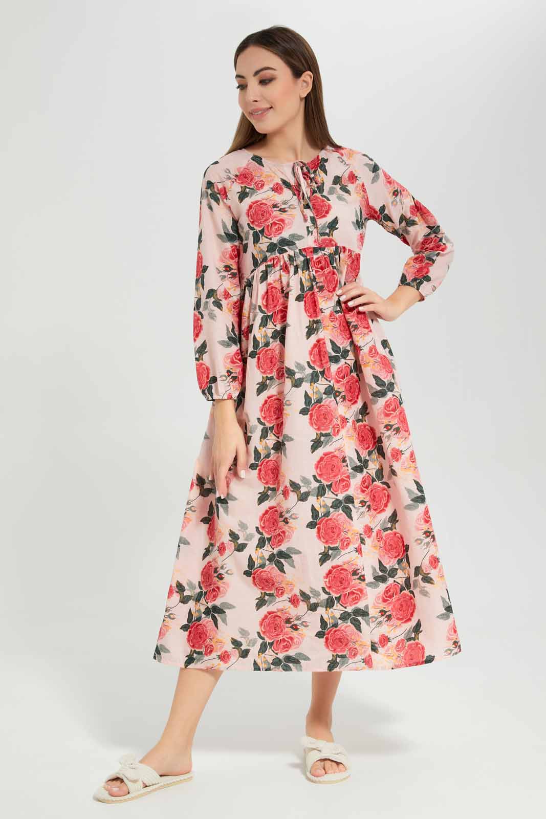 Redtag-Women-Pale-Pink-Aop-Long-Sleeves-Nightgown-Category:Nightgowns,-Colour:Apricot,-Deals:New-In,-Filter:Women's-Clothing,-New-In-Women-APL,-Non-Sale,-Section:Women,-W22B,-Women-Nightgowns--