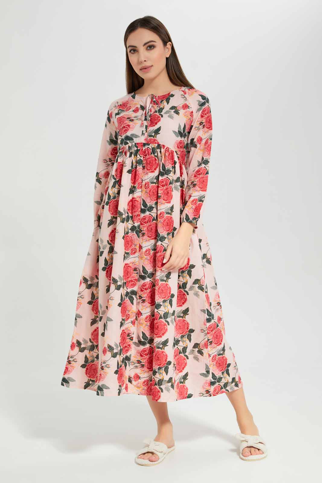 Redtag-Women-Pale-Pink-Aop-Long-Sleeves-Nightgown-Category:Nightgowns,-Colour:Apricot,-Deals:New-In,-Filter:Women's-Clothing,-New-In-Women-APL,-Non-Sale,-Section:Women,-W22B,-Women-Nightgowns--
