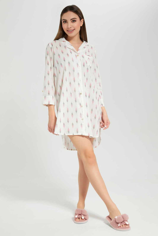 Redtag-Women-White-Aop-Long-Sleeves-Night-Shirt-Category:Nightshirts,-Colour:White,-Deals:New-In,-Filter:Women's-Clothing,-New-In-Women-APL,-Non-Sale,-Section:Women,-W22B,-Women-Nightshirts--