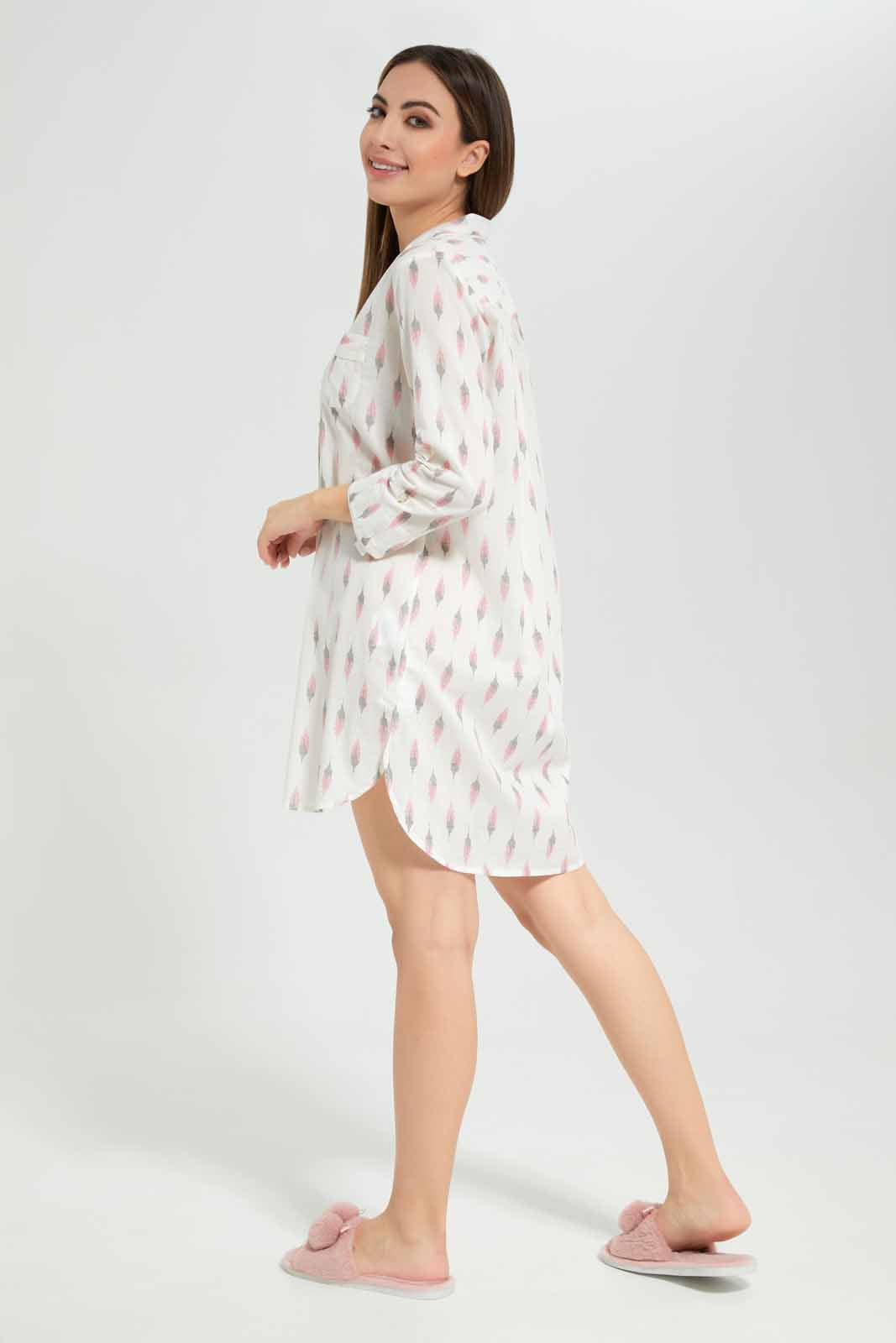 Redtag-Women-White-Aop-Long-Sleeves-Night-Shirt-Category:Nightshirts,-Colour:White,-Deals:New-In,-Filter:Women's-Clothing,-New-In-Women-APL,-Non-Sale,-Section:Women,-W22B,-Women-Nightshirts--