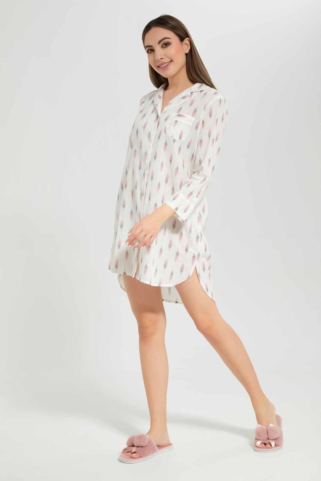 Redtag-Women-White-Aop-Long-Sleeves-Night-Shirt-Category:Nightshirts,-Colour:White,-Deals:New-In,-Filter:Women's-Clothing,-New-In-Women-APL,-Non-Sale,-Section:Women,-W22B,-Women-Nightshirts--