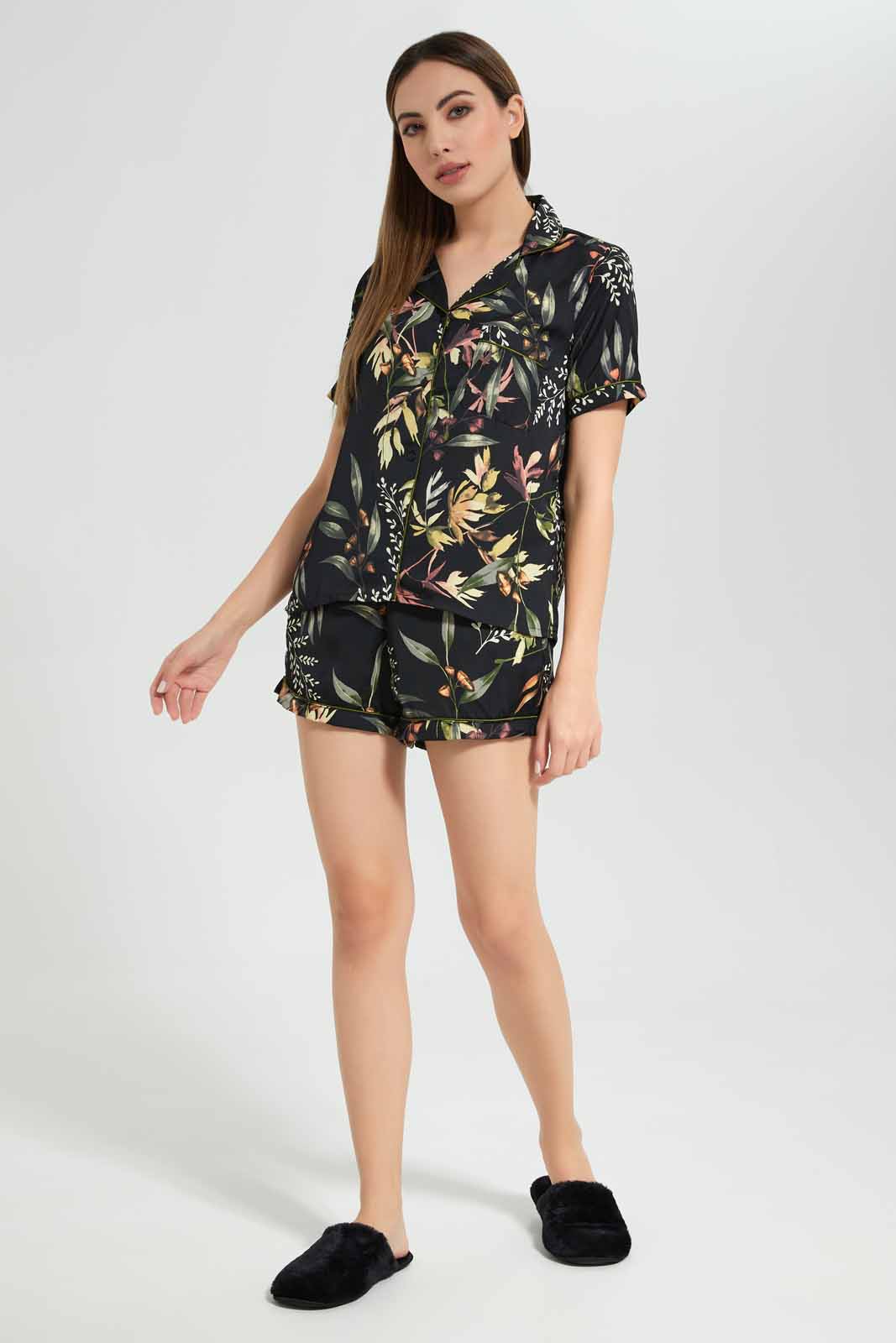 Redtag-Women-Black-Aop-Satin-Pajama-Set-Category:Pyjama-Sets,-Colour:Black,-Deals:New-In,-Filter:Women's-Clothing,-New-In-Women-APL,-Non-Sale,-Section:Women,-W22A,-Women-Pyjama-Sets--