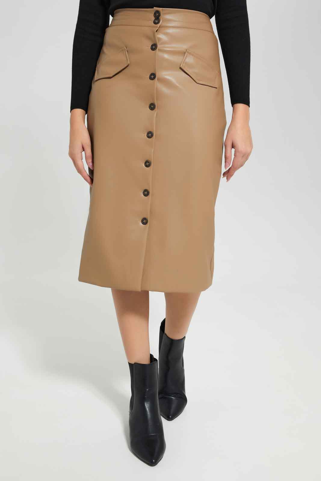 Redtag-Women-Tan-Pu-Button-Pencil-Skirt-Category:Skirts,-Colour:Tan,-Deals:New-In,-Filter:Women's-Clothing,-New-In-Women-APL,-Non-Sale,-Section:Women,-W22B,-Women-Skirts-Women's-