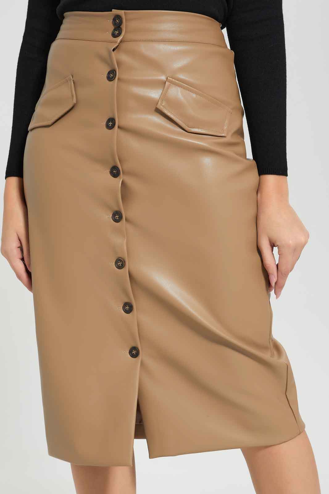 Redtag-Women-Tan-Pu-Button-Pencil-Skirt-Category:Skirts,-Colour:Tan,-Deals:New-In,-Filter:Women's-Clothing,-New-In-Women-APL,-Non-Sale,-Section:Women,-W22B,-Women-Skirts-Women's-