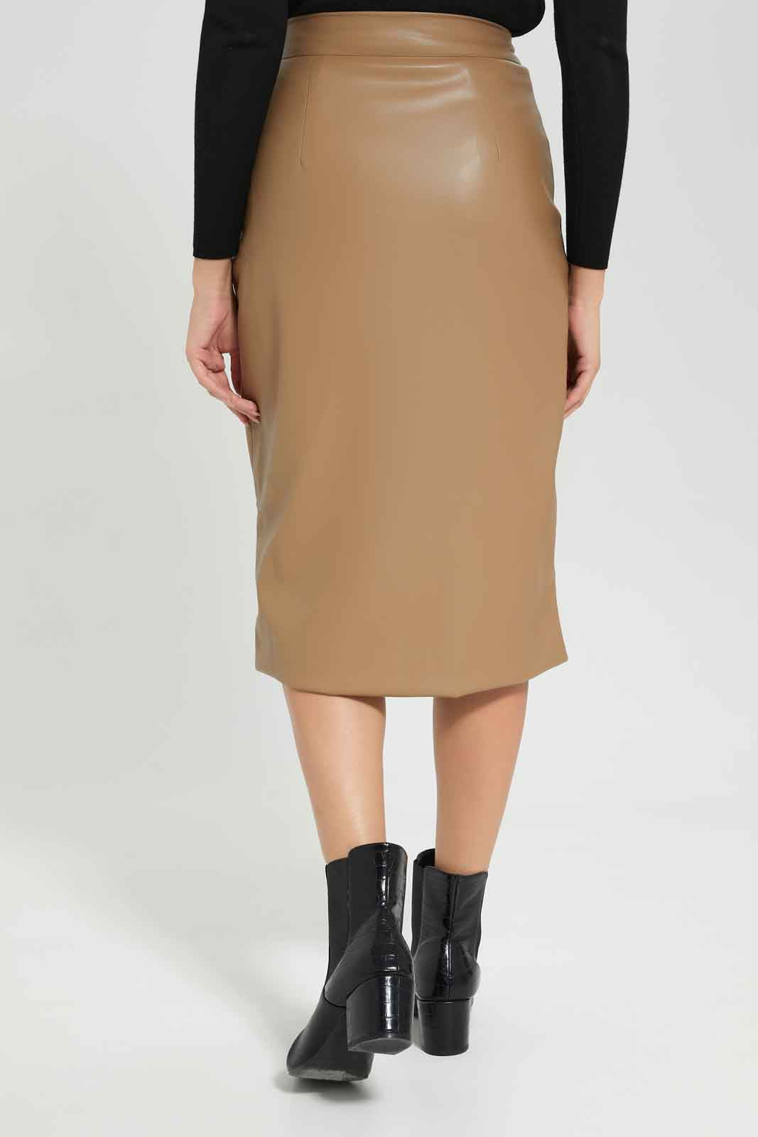 Redtag-Women-Tan-Pu-Button-Pencil-Skirt-Category:Skirts,-Colour:Tan,-Deals:New-In,-Filter:Women's-Clothing,-New-In-Women-APL,-Non-Sale,-Section:Women,-W22B,-Women-Skirts-Women's-