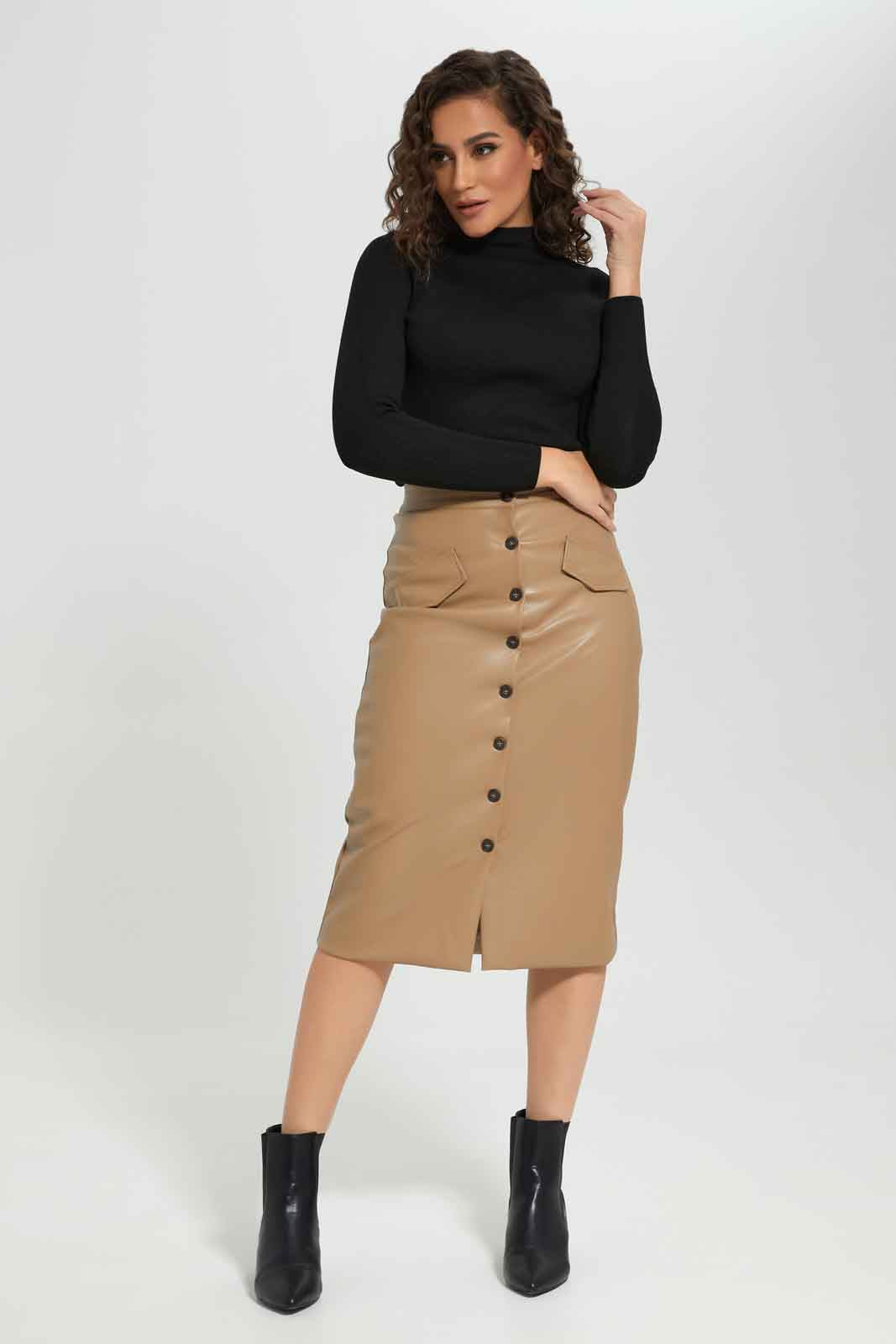Redtag-Women-Tan-Pu-Button-Pencil-Skirt-Category:Skirts,-Colour:Tan,-Deals:New-In,-Filter:Women's-Clothing,-New-In-Women-APL,-Non-Sale,-Section:Women,-W22B,-Women-Skirts-Women's-