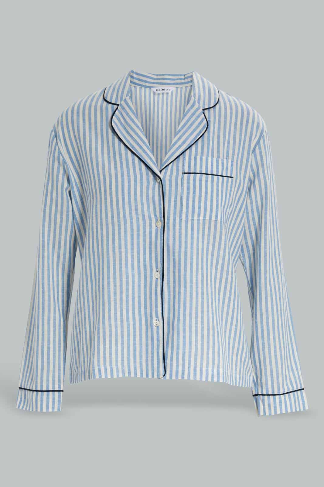 Redtag-Women--Blue-Stripe-Linen-Pajama-Set-Category:Pyjama-Sets,-Colour:Blue,-Deals:New-In,-Filter:Women's-Clothing,-New-In-Women-APL,-Non-Sale,-Section:Women,-W22A,-Women-Pyjama-Sets--