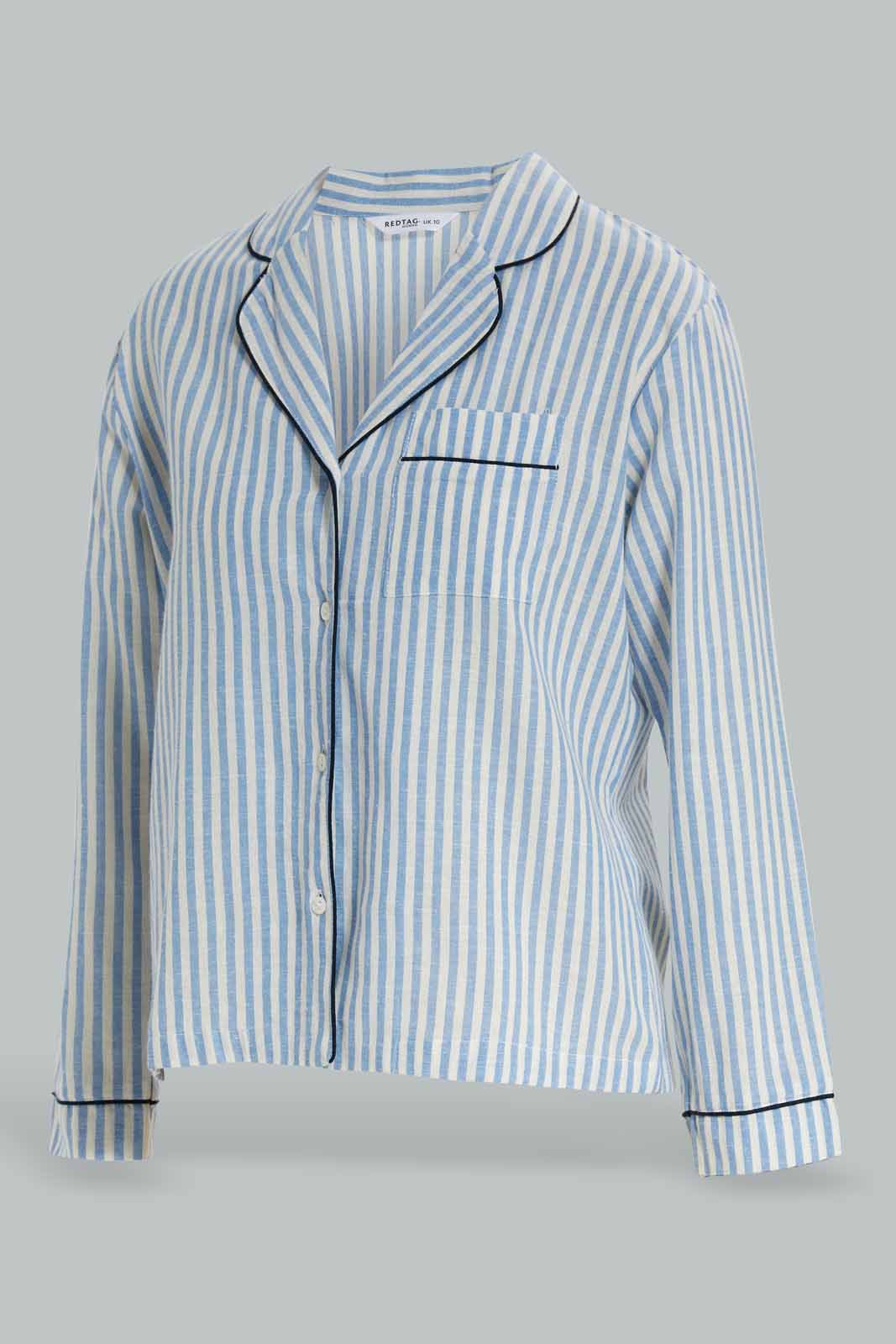 Redtag-Women--Blue-Stripe-Linen-Pajama-Set-Category:Pyjama-Sets,-Colour:Blue,-Deals:New-In,-Filter:Women's-Clothing,-New-In-Women-APL,-Non-Sale,-Section:Women,-W22A,-Women-Pyjama-Sets--