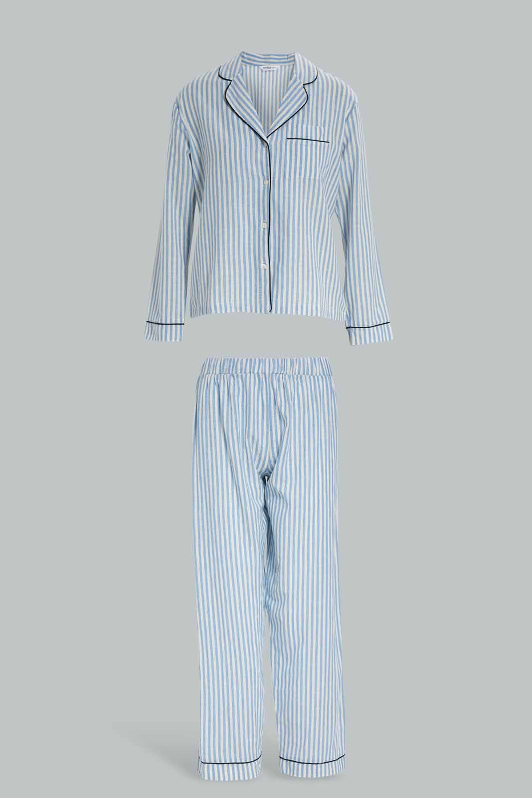 Redtag-Women--Blue-Stripe-Linen-Pajama-Set-Category:Pyjama-Sets,-Colour:Blue,-Deals:New-In,-Filter:Women's-Clothing,-New-In-Women-APL,-Non-Sale,-Section:Women,-W22A,-Women-Pyjama-Sets--