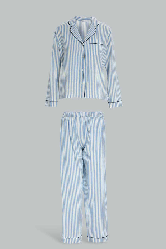 Redtag-Women--Blue-Stripe-Linen-Pajama-Set-Category:Pyjama-Sets,-Colour:Blue,-Deals:New-In,-Filter:Women's-Clothing,-New-In-Women-APL,-Non-Sale,-Section:Women,-W22A,-Women-Pyjama-Sets--