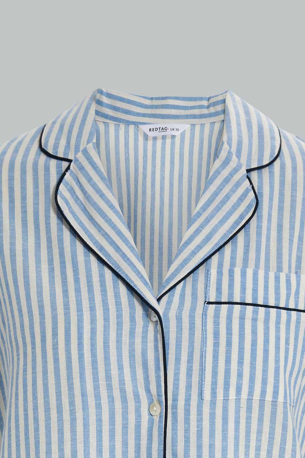 Redtag-Women--Blue-Stripe-Linen-Pajama-Set-Category:Pyjama-Sets,-Colour:Blue,-Deals:New-In,-Filter:Women's-Clothing,-New-In-Women-APL,-Non-Sale,-Section:Women,-W22A,-Women-Pyjama-Sets--