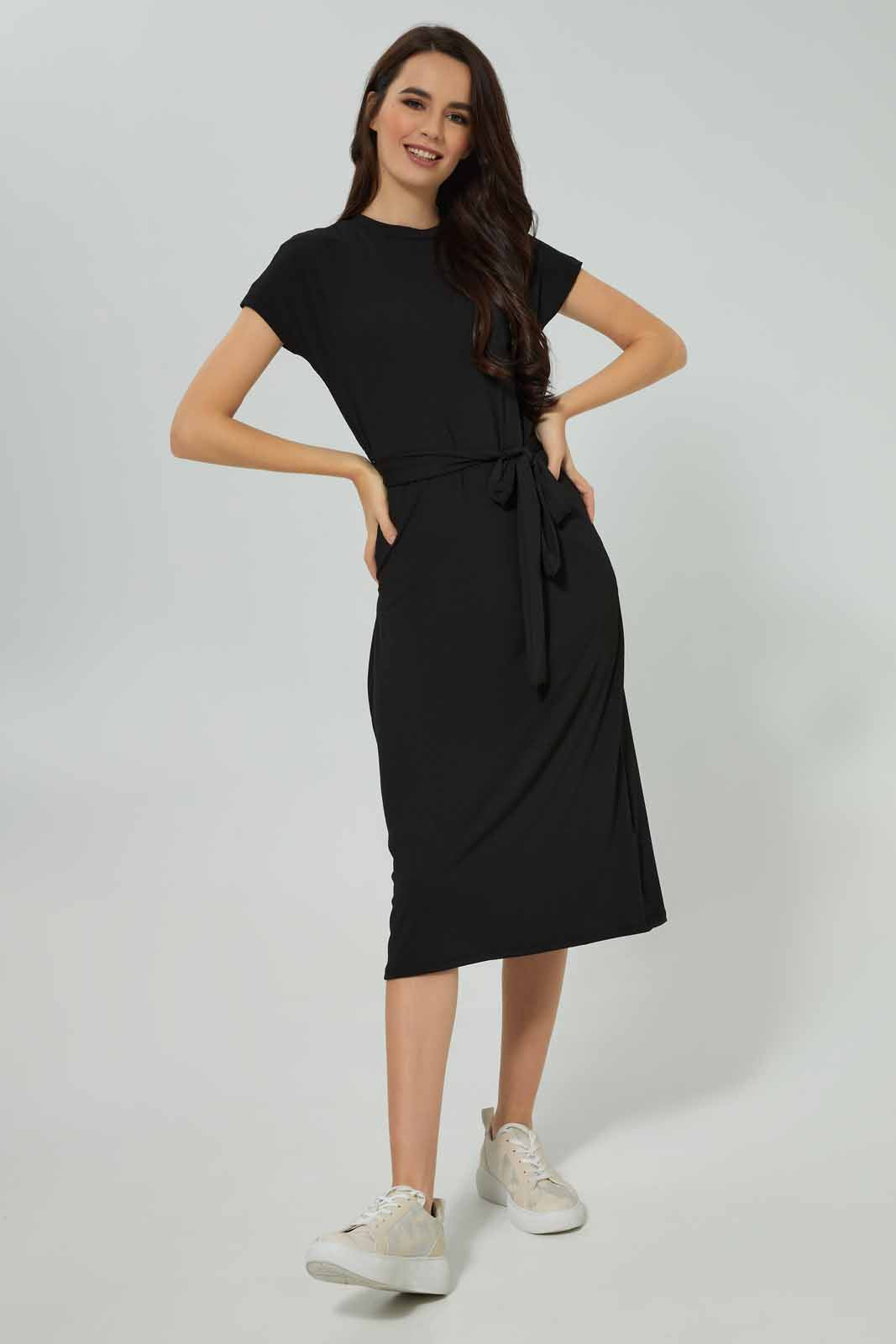 Redtag-Women-Black-Belted-Rib-Midi-Dress-(blank),-Category:Dresses,-Colour:Black,-Deals:New-In,-Filter:Women's-Clothing,-New-In-Women-APL,-Non-Sale,-Section:Women,-W22A,-Women-Dresses-Women's-