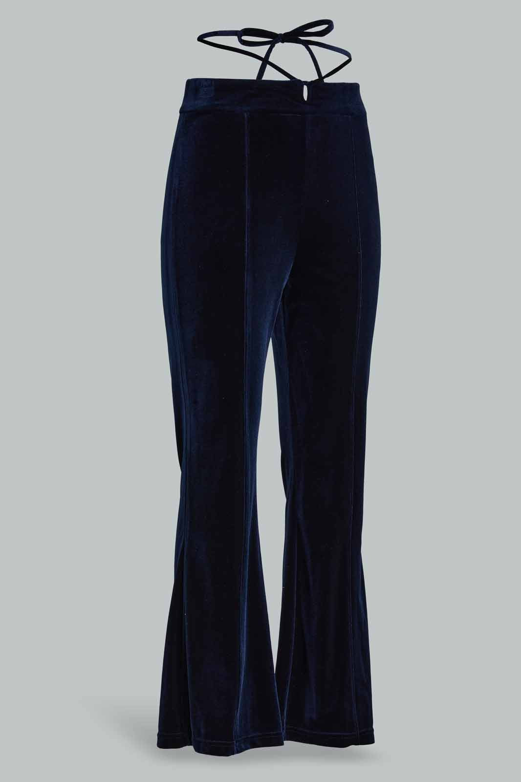 Redtag-Women-Navy-String-Detail-Velour-Trouser-Category:Trousers,-Colour:Navy,-Deals:New-In,-Filter:Women's-Clothing,-New-In-Women-APL,-Non-Sale,-Section:Women,-W22B,-Women-Trousers-Women's-