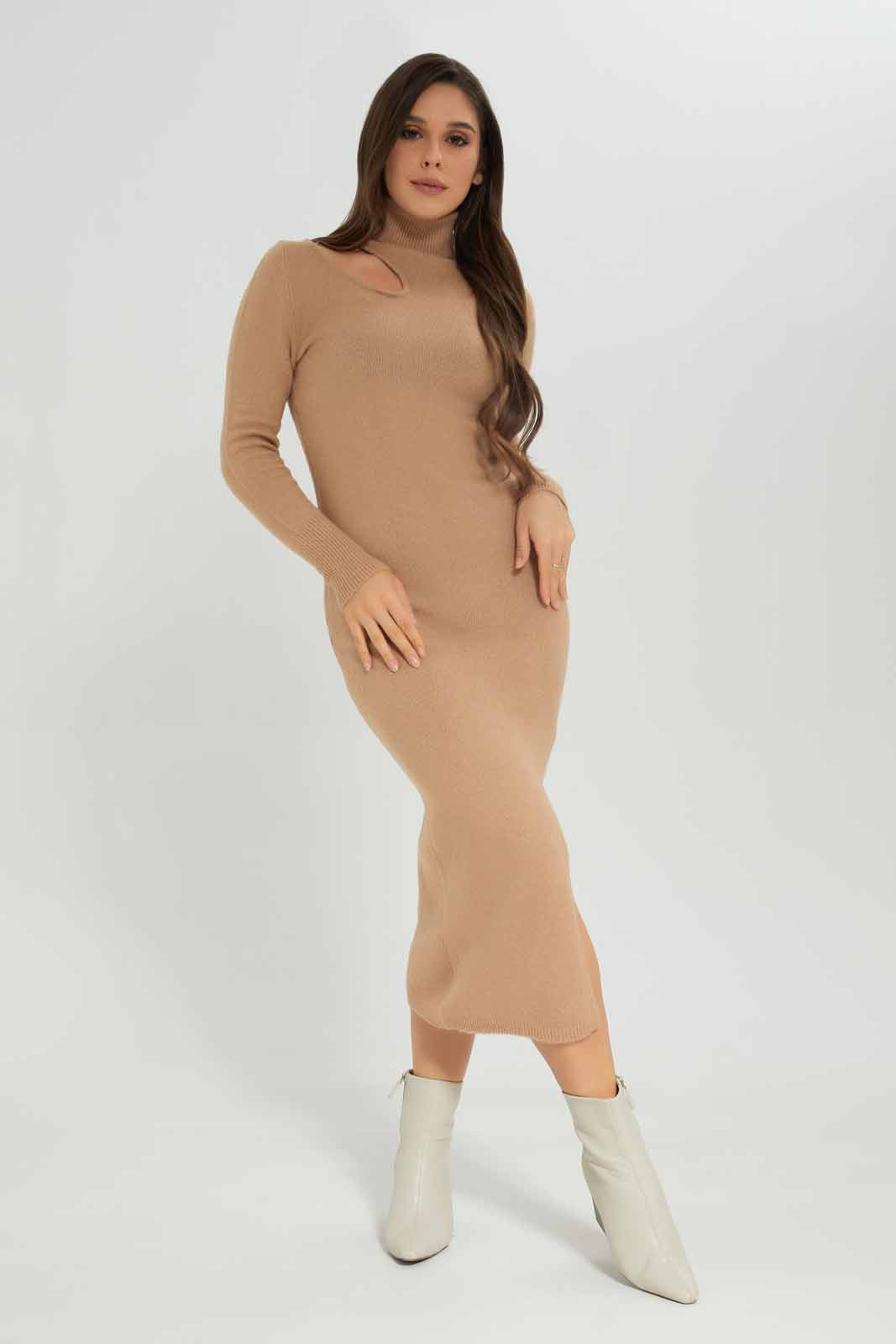 Redtag-Women--Brown-Natural-Neck-Detail-Bodycon-Dress-Category:Dresses,-Colour:Brown,-Deals:New-In,-Dept:Ladieswear,-Filter:Women's-Clothing,-New-In-Women-APL,-Non-Sale,-Section:Women,-W22B,-Women-Dresses-Women's-